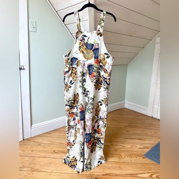 Cotton Blend Floral Plant Foliage Overalls Medium Button Straps Side Zipper - Picture 2 of 13